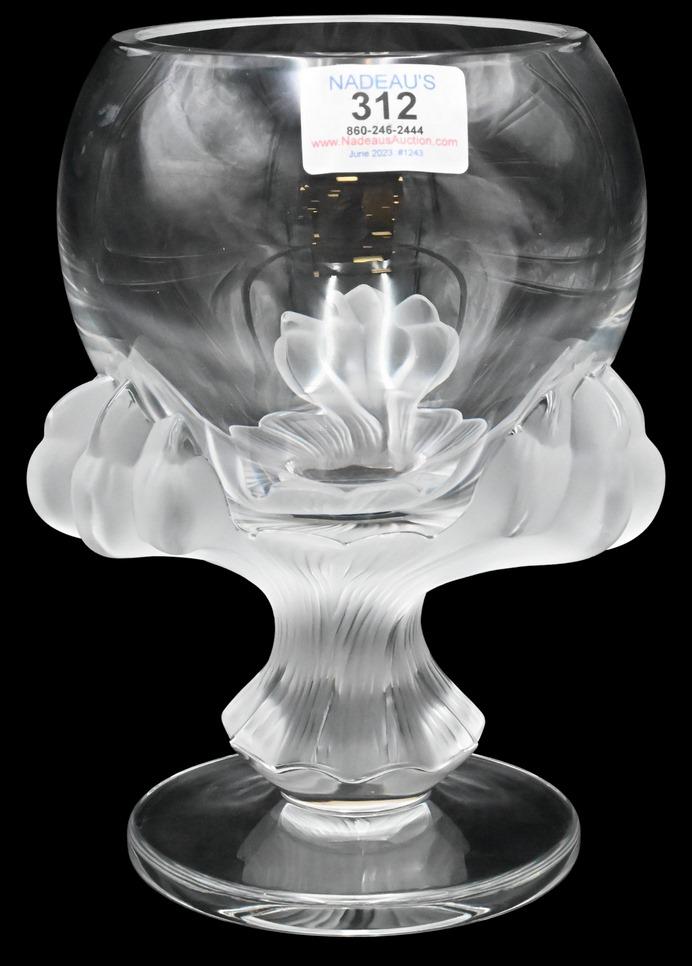 Lalique "Baghera" Crystal Vase: Lalique "Baghera" Crystal Vase, of goblet form, having three frosted panther paws supporting the bowl above a flared foot, signed "Lalique France" on foot, height 8 1/2 inches, widest diameter 6 inche