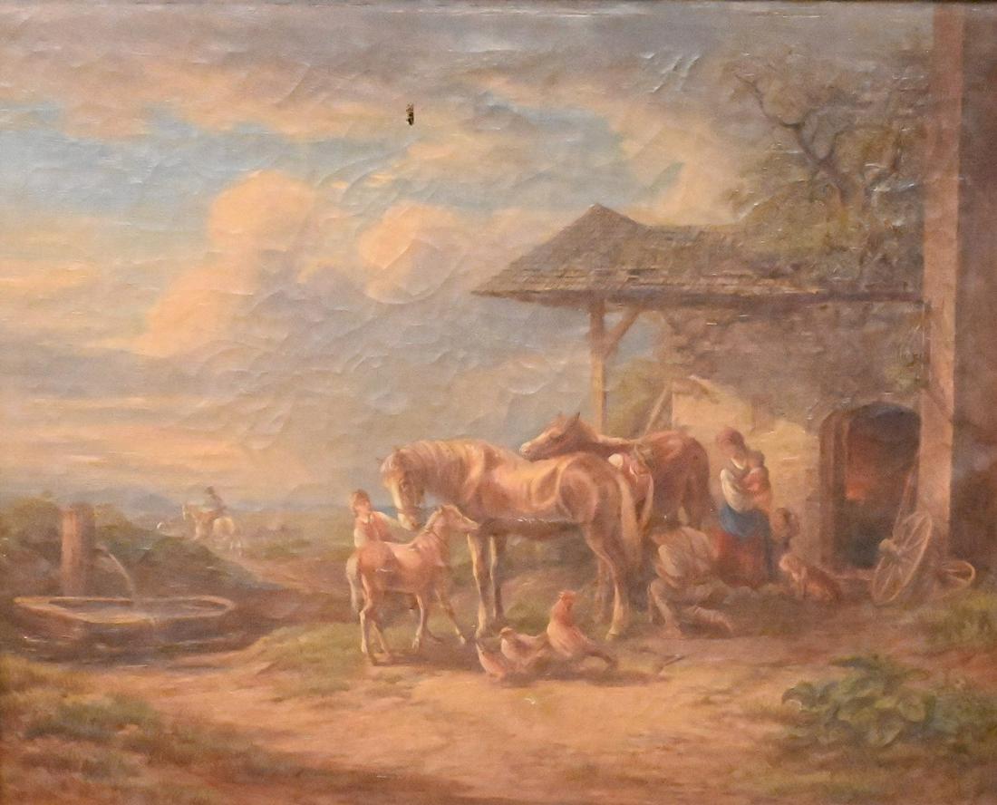 Attributed to Friedrich Gauermann 1807-1862: Attributed to Friedrich Gauermann 1807-1862 Von Der Schmiede" (From the Forge) German 18th/19th Century unknown artist oil on canvas having restoration work done title written on verso 21 1/2" x 26 3/