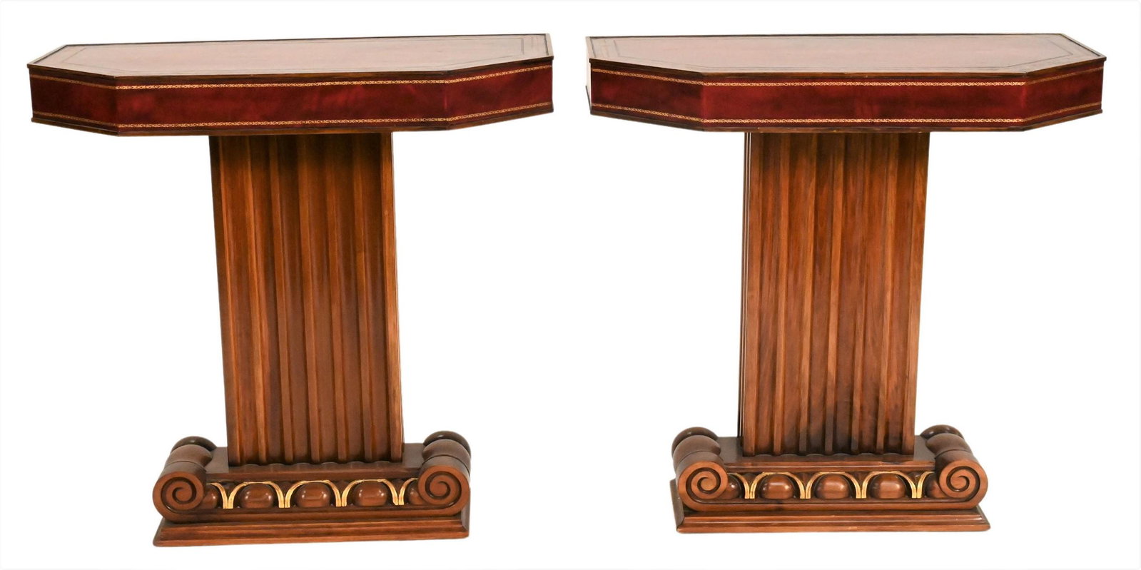 Pair of Mahogany Pier Tables: Pair of Mahogany Pier Tables, with tooled leather tops, height 30 inches, width 31 1/2 inches, depth 15 inches, top 15" x 31 1/2"