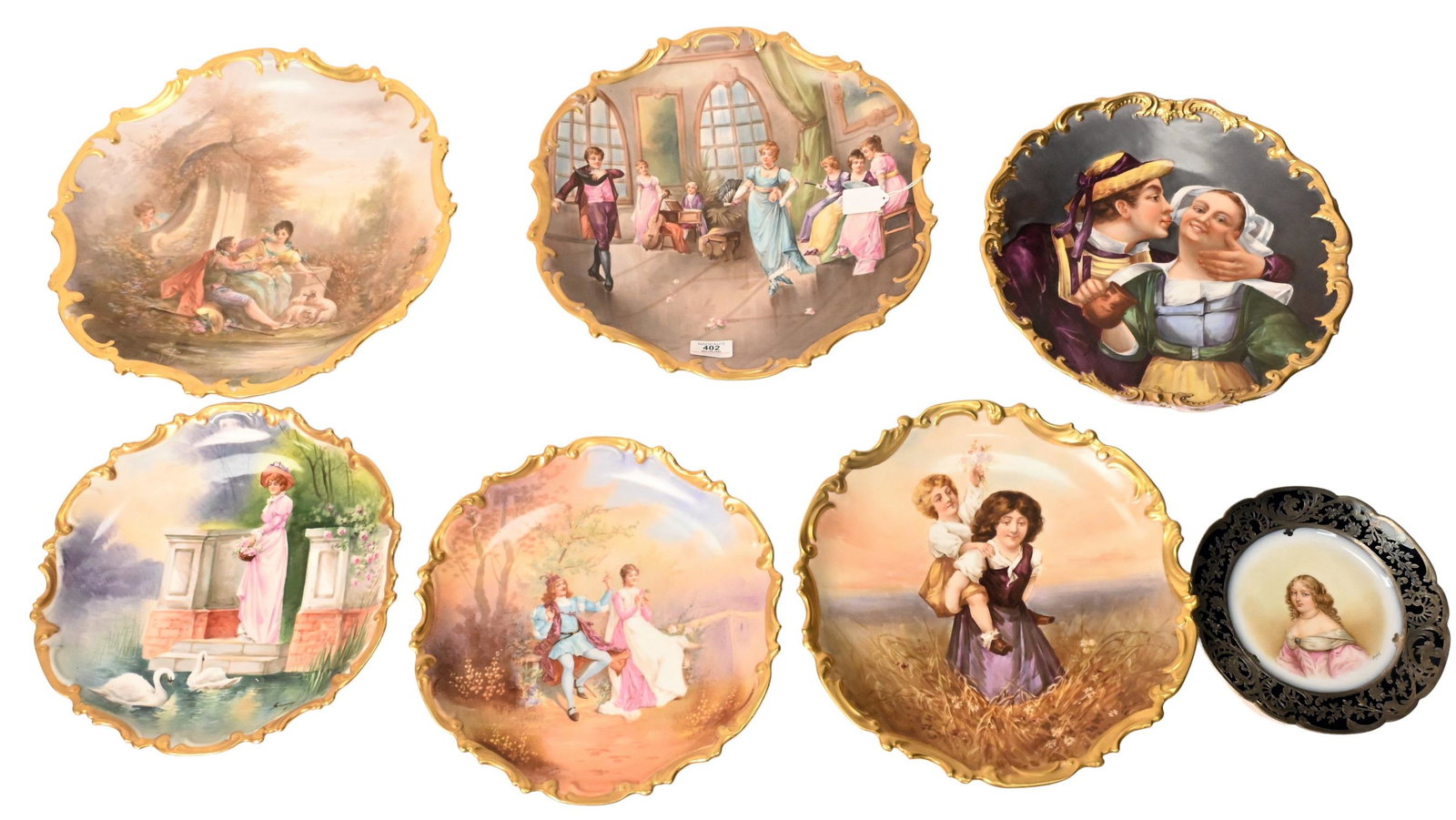 Seven Piece Hand Painted Porcelain Chargers: Seven Piece Hand Painted Porcelain Chargers, to include, Limoges France Couple Next to a Stream with Sheep, signed "A. Soustre", Gentlemen and Ladies Dancing, signed "Dubois", Two Girls in a Field, si
