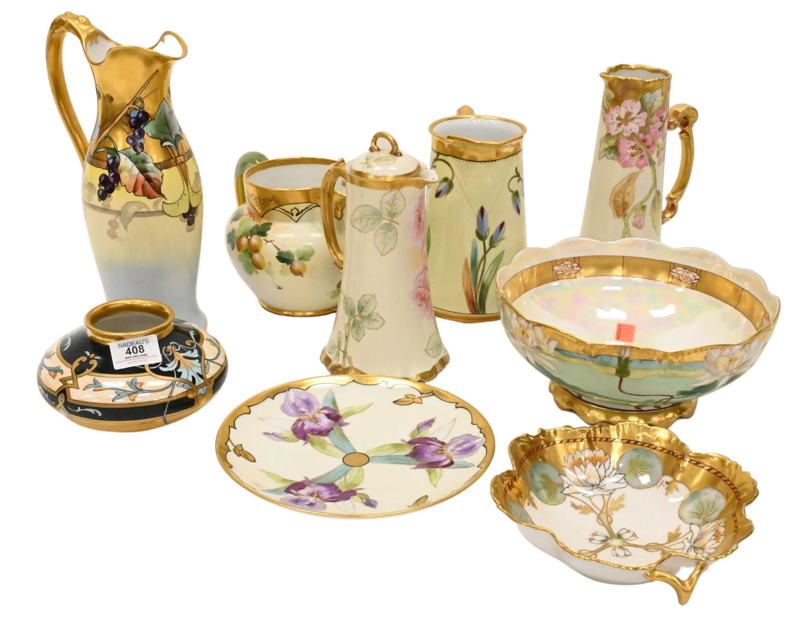 Nine Piece Hand Painted and Gilt Porcelain Lot: Nine Piece Hand Painted and Gilt Porcelain Lot, to include vases, pots, bowls, and urns from Limoges White's Art Co. and others, some signed. tallest height 17 inches.