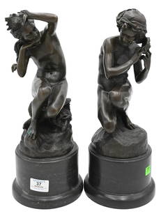 Two Bronze Sculptures After Jean Baptiste Carpeaux (French 1827 - 1875): Two Bronze Sculptures After Jean Baptiste Carpeaux (French 1827 - 1875)to include "Neopolitan Fish Boy" and "Girl with a Shell" on marble basessigned "Carpeaux"height 15 1/2 inches.