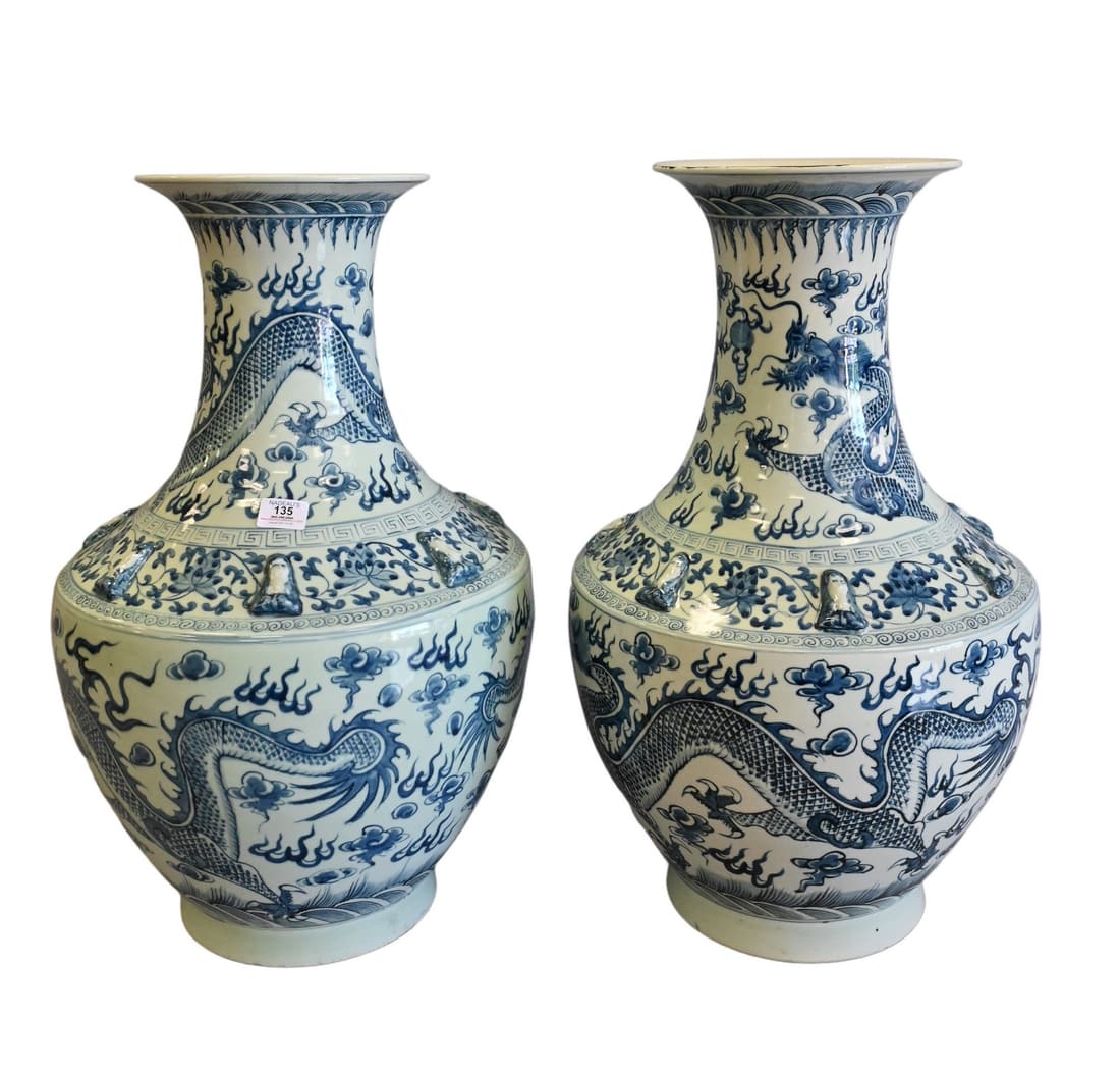Pair of Large Blue and White Dragon Vases (1 of 5)