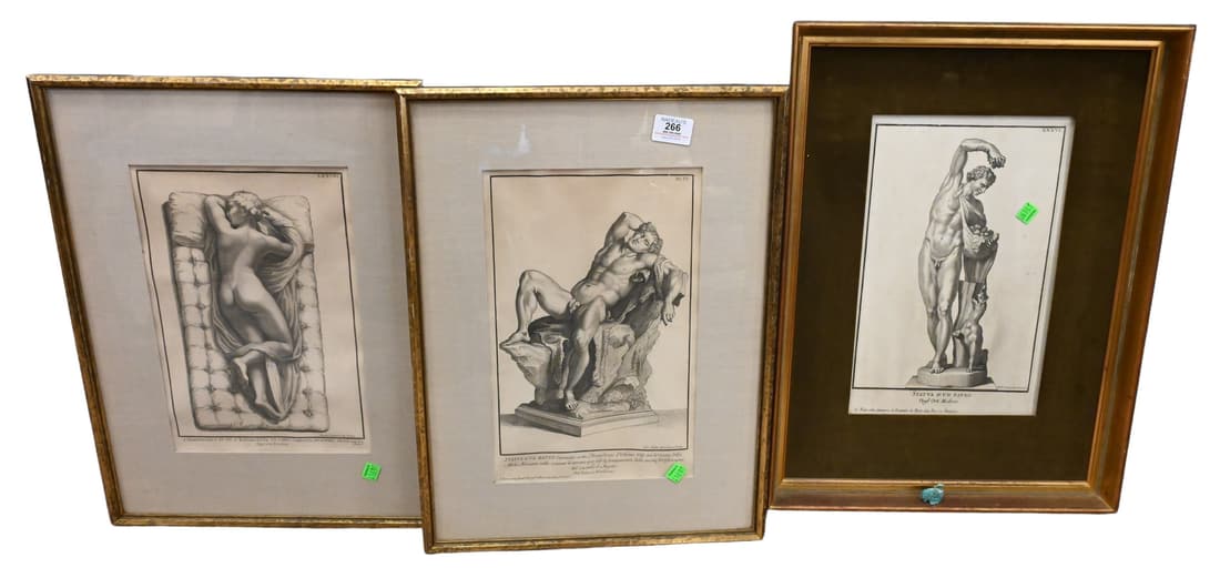 15 Piece Framed Art Group: 15 Piece Framed Art Groupto include, Pair of Reclining Nude Engravings "Hermaphrodite Sleeping" Plate LXXVIII, engraved by Randon Claude (French 1660 - 1680 active) 12 3/4" x 8 1/2", "Sleeping Faun" P