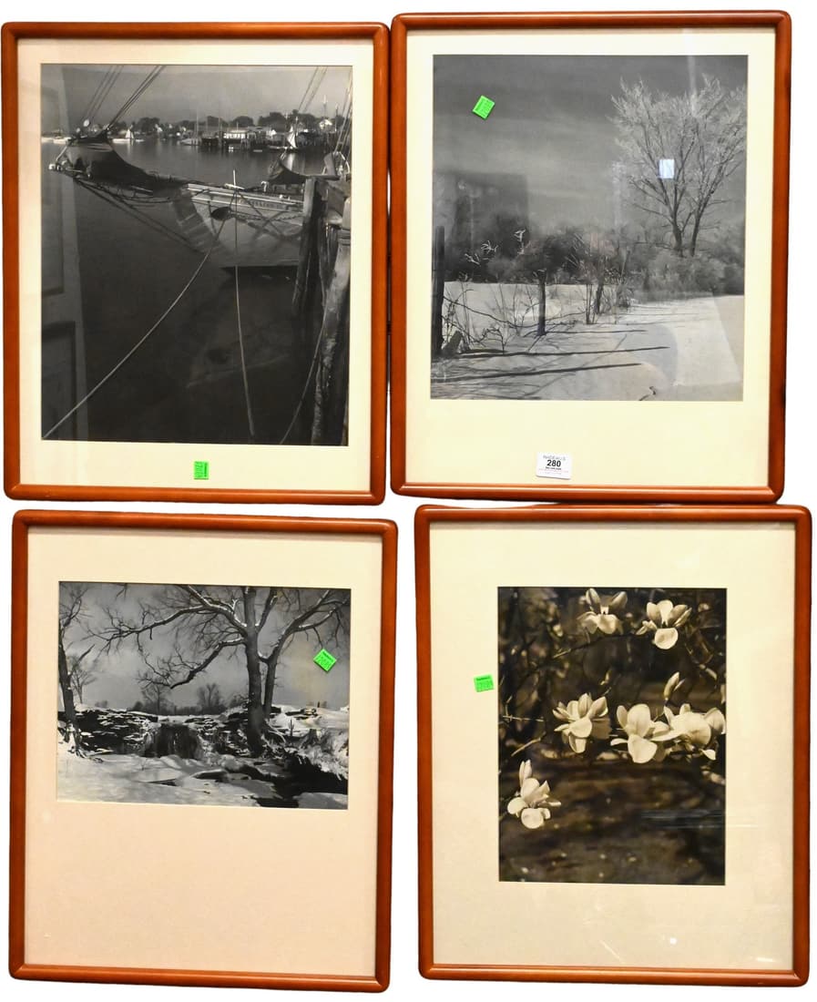 Large Grouping of 10 Black and White Seria Photographs: Large Grouping of 10 Black and White Seria Photographs, to include birch trees, snowy landscapes, a harbor, etc.., pencil signed and titled under mat H.C. Skiff, frame size 21" x 17" for each