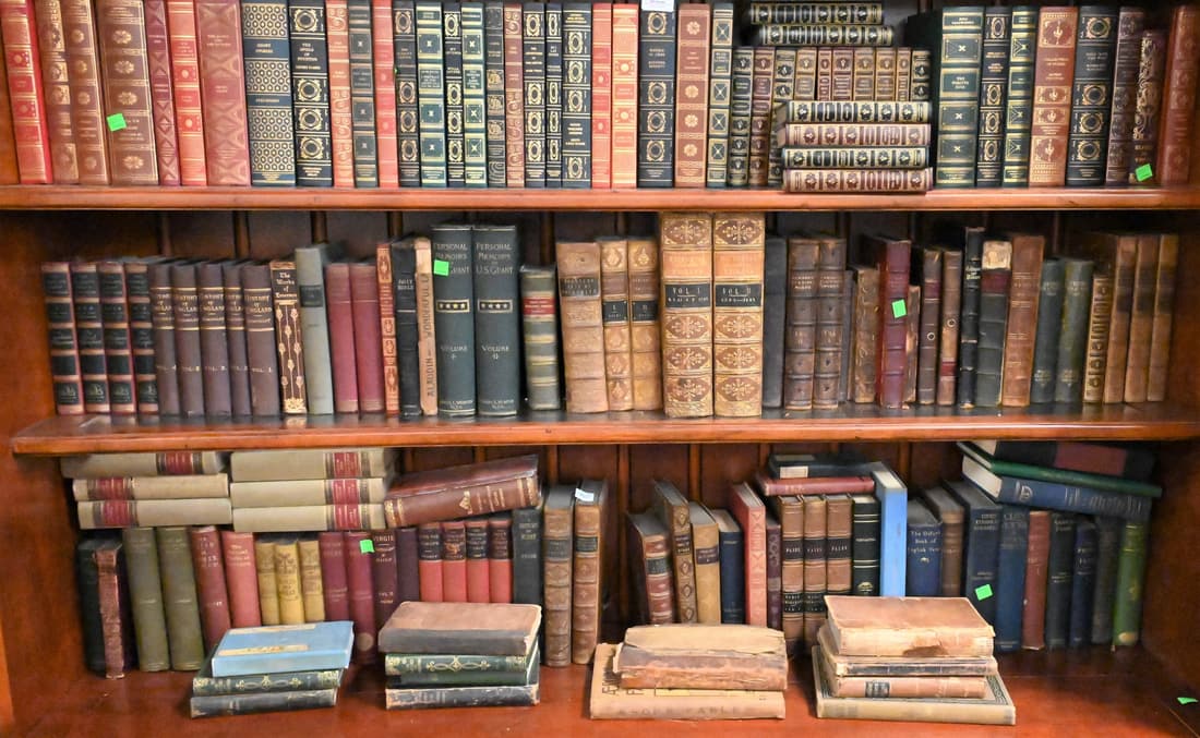 Large Shelves of Assorted Leather Bound Books (1 of 7)