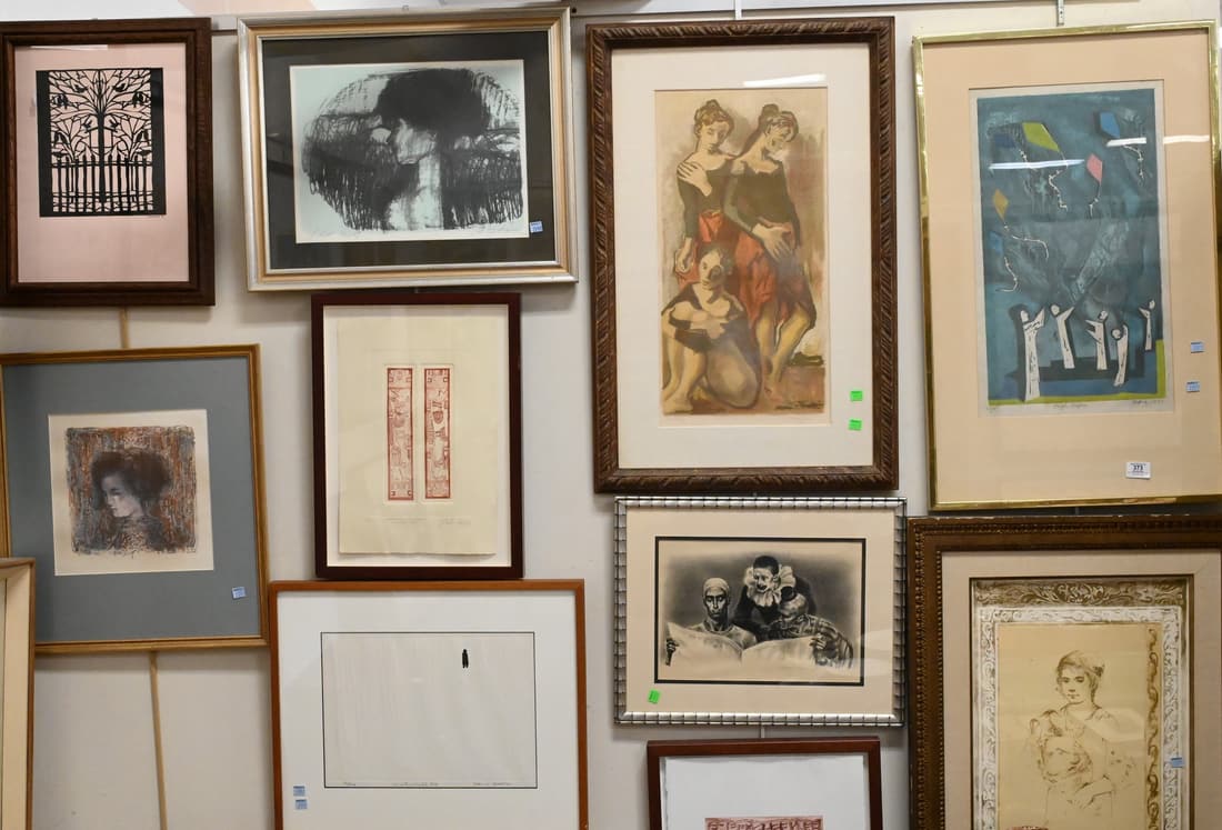 Large 12 Piece Group of Signed Prints and Lithographs: Large 12 Piece Group of Signed Prints and Lithographs, Wolfgang Schlick (German b. 1941)"Composition" Woodcut", Clowns and the News" Joseph Hirsch lithograph, along with, David Shapiro" Winter Walk #8