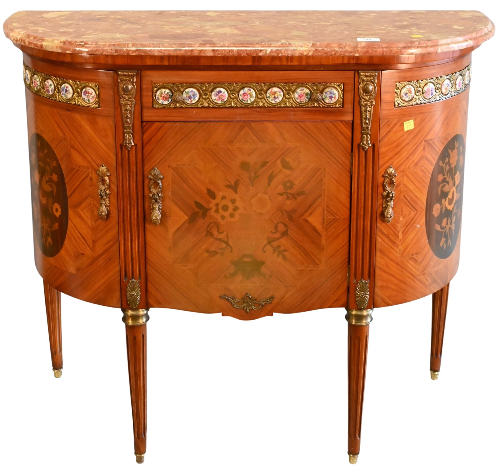 Louis XVI Style Marble Top Cabinet: Louis XVI Style Marble Top Cabinetwith drawer and doors, late 20th centuryheight 33 inches, width 38 inches, depth 14 1/2 inches