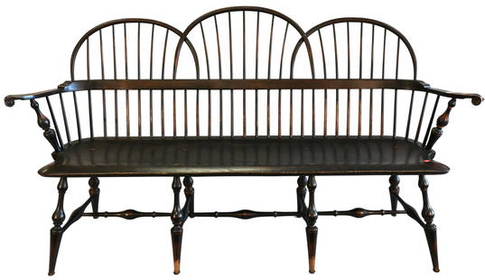 D.R. Dimes Triple Back Windsor Bench: D.R. Dimes Triple Back Windsor Bench, having original paint and bold stretcher, height 40 inches, width 70 inches.