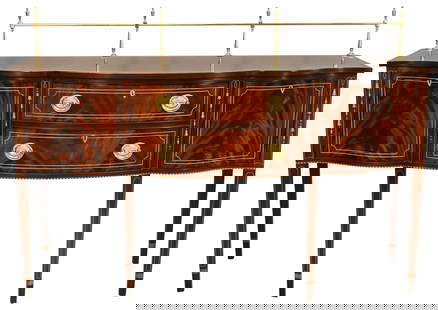 Stickley Mahogany Federal Style Sideboard: Stickley Mahogany Federal Style Sideboard, with brass gallery tail and line and bell flower inlays, top sun faded, height 38 inches, top 23"x 66"