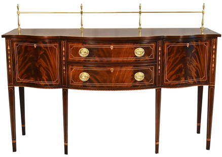 Stickley Mahogany Federal Style Sideboard: Stickley Mahogany Federal Style Sideboard, with brass gallery tail and line and bell flower inlays, top sun faded, height 38 inches, top 23"x 66"