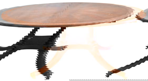 Mahogany Banded Inlaid Round Dining Table: Mahogany Banded Inlaid Round Dining Table, having reeded edge, set on inlaid pedestal base, having four carved support columns over four brass capped legs ending in brass casters, minor blemishes to t