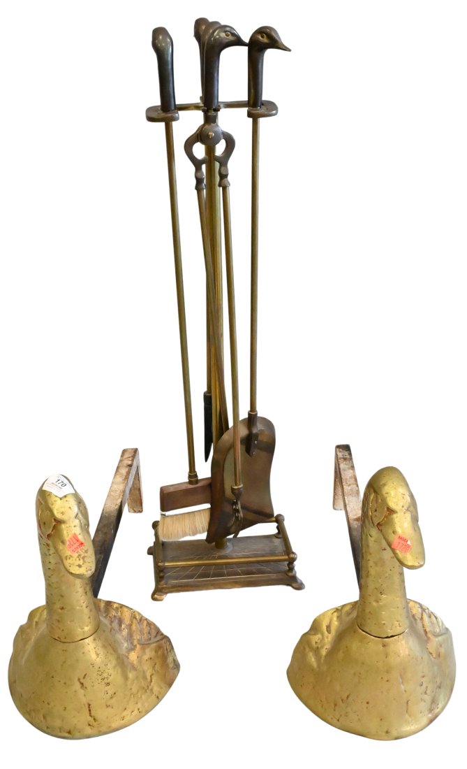 Figural Goose Fireplace Set with Tools: Figural Goose Fireplace Set with Tools, having goose head andirons, andirons in two parts, tool height 31 inches.