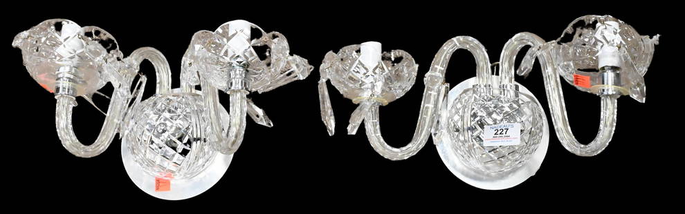 Pair of Waterford Crystal Sconces,: Pair of Waterford Crystal Sconces, each having two lights, height is approximately 7 inches, width 8 inches, depth 5 inches