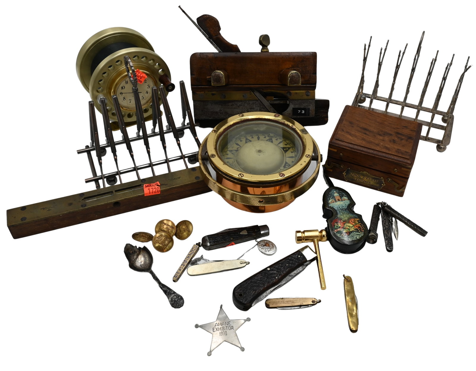 Assortment of Wood and Brass Antique Items: Assortment of Wood and Brass Antique Items, to include wooden brass plane, copper and brass ship compass/observator, W. Marples and Sons boat level, two gun toast racks, faux fishing reel alarm clock,