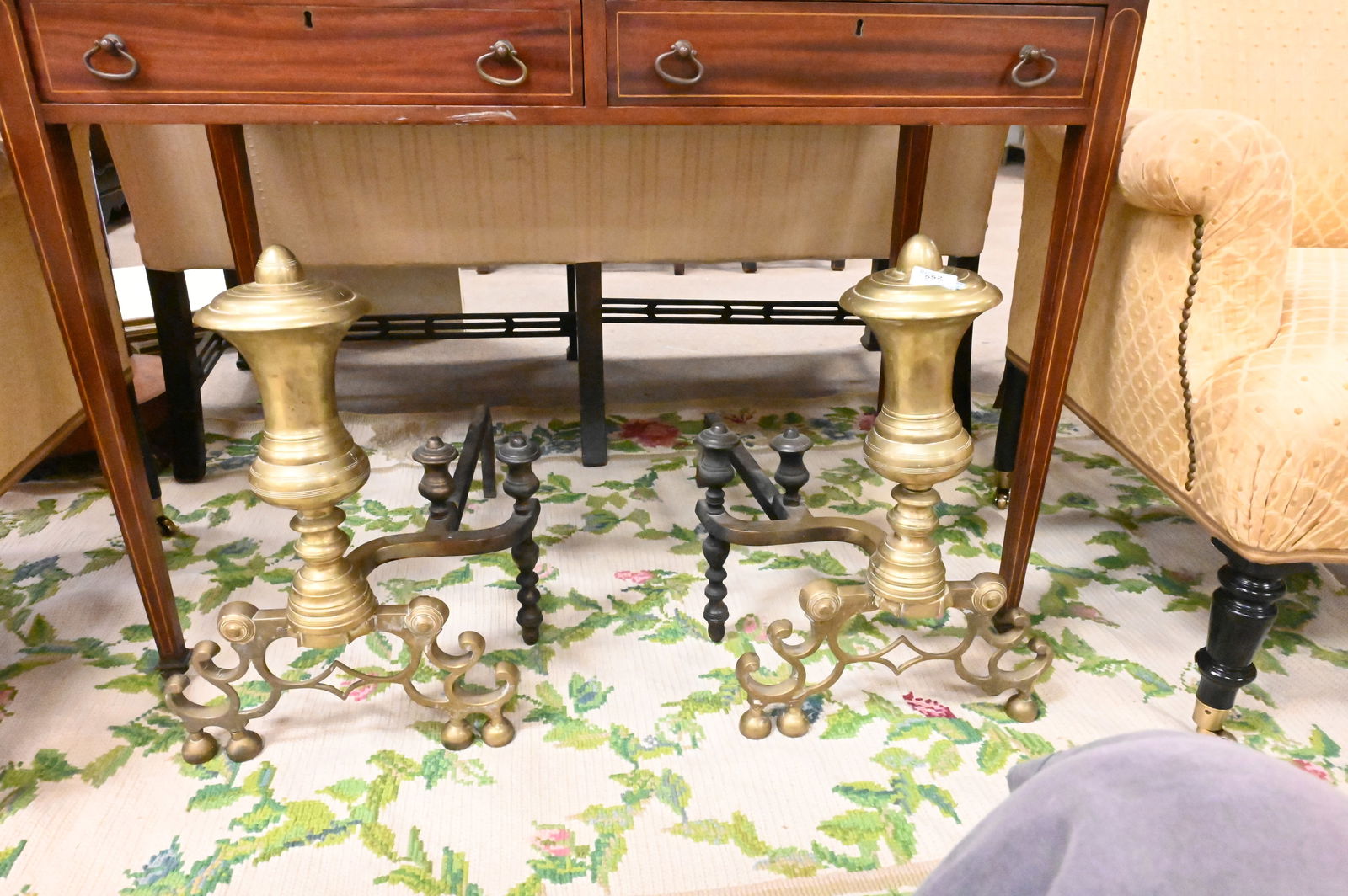 Pair of Brass Andirons: Pair of Brass Andirons, with double log stops, height 21 inches, length 24 inches.