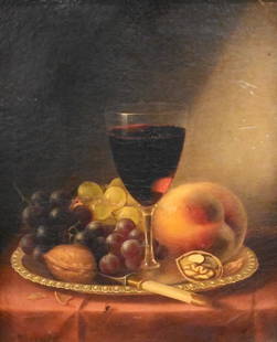 William Michael Harnett (American 1848-1892): William Michael Harnett (1848-1892) Trompe L'oeil still life peach grapes, walnut and wine Oil on canvas Signed lower left W.M. Harnett 12" x 10"