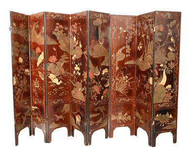 Eight Panel Chinese Lacquer Screen: Eight Panel Chinese Lacquer Screen Having painted carved Figures in a landscape, fan carved in top of each Circa 18th/19th century Having some small repairsHeight 72 inches, Width 128 inches, each