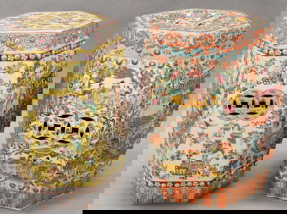 Two Chinese Porcelain Garden Seats: Two Chinese Porcelain Garden Seats Famille Rose, having painted garden scene with figures, other yellow ground having painted panels with warriors height 18 1/2 inches top 11 inches x 12 inches
