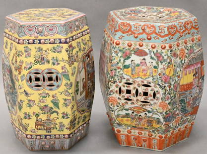 Two Chinese Porcelain Garden Seats: Two Chinese Porcelain Garden Seats Famille Rose, having painted garden scene with figures, other yellow ground having painted panels with warriors height 18 1/2 inches top 11 inches x 12 inches