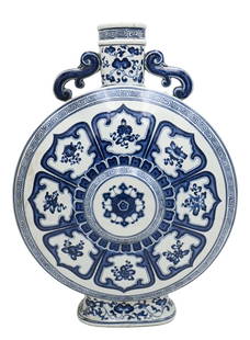 Large Chinese Porcelain Moon Flask: Large Chinese Porcelain Moon Flask blue & white flowers and vines height 20 inches