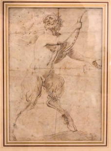 Attributed to Polidoro Caldara da Caravaggio (Italian 1492-1543): Attributed to Polidoro Caldara da Caravaggio (Italian 1492-1543) "The Good Pan" or a "Fawn" 16th century or later Pen and ink on paper Condition: creases, slight foxing, some loss 10 1/2" x 7 1/2"