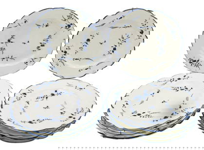 Set of Ten French 18th Century Chantilly Blue Dinner Plates: Set of Ten French 18th Century Chantilly Blue Dinner Plates Having blue sprig pattern with blue underglaze floral and foliage design and blue rim, Sold by JM Bealu and Fils Diameter is 9 1/2 inches