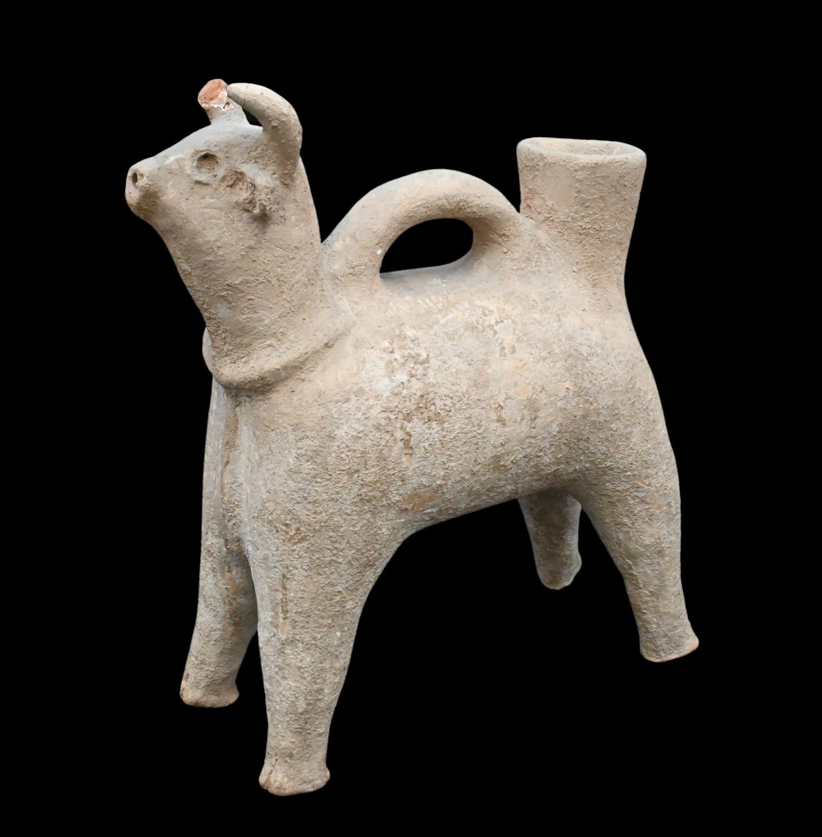 Iranian Pottery Figural Bull Vessel: Iranian Pottery Figural Bull Vessel Circa early 1st millennium B.C. or later Height 9 7/8 inches (as is) Provenance: Estate of Dina Recanati 944 5th Ave, New York