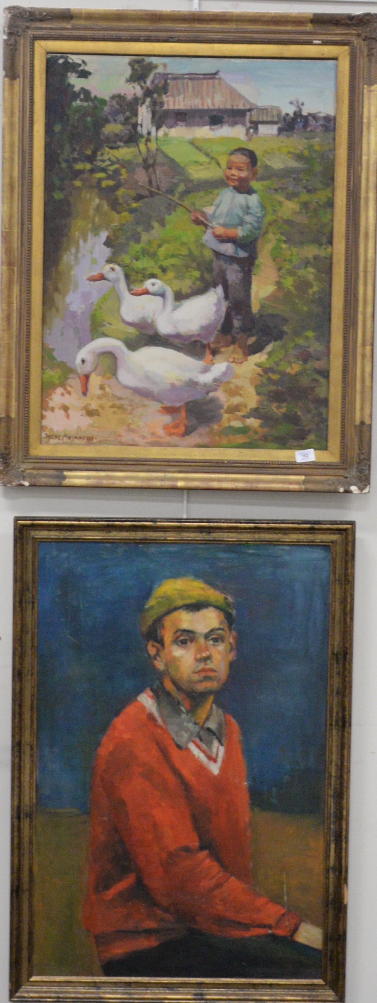 Four Piece Group of 20th Century Oil Portraits and Mirror to Include: (1 of 5)