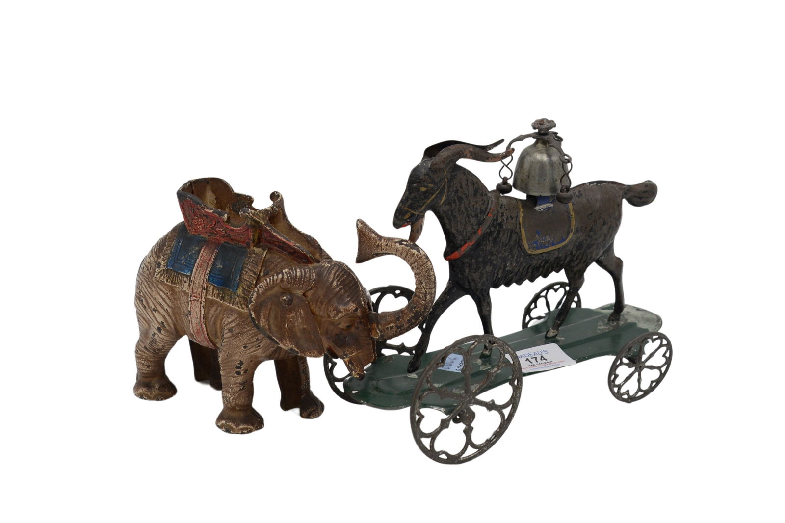 Elephant Figure along with Tin Goat Set on Wheels (1 of 7)