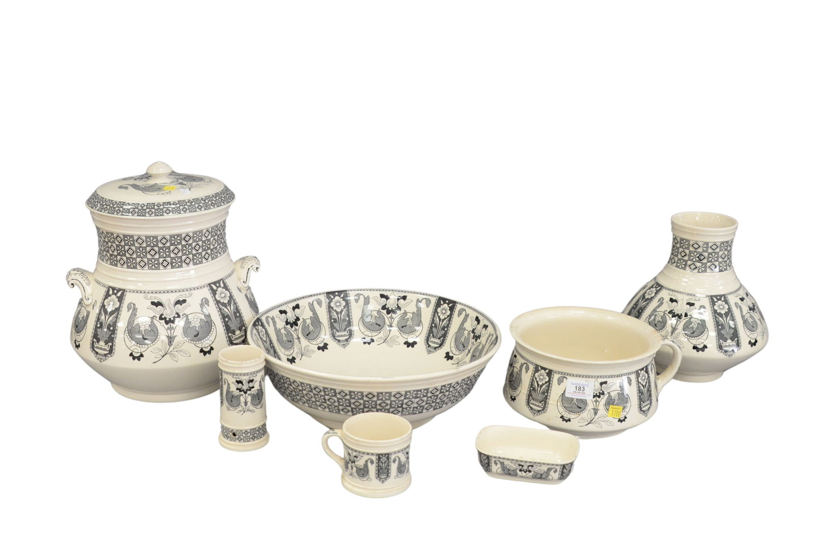 Seven Piece Black and White Transfer Brownfield and Sons "Yesso" Wash Bowl Set (1 of 7)