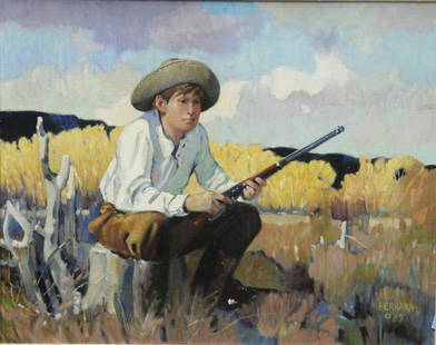 Joe Ferrara (American 1932-2004): Joe Ferrara (American 1932-2004) "His First Winchester" Oil on canvas Signed and dated "Ferrara 89" lower right1989 16" x 20" Sold Christie's September 1, 2010 $625