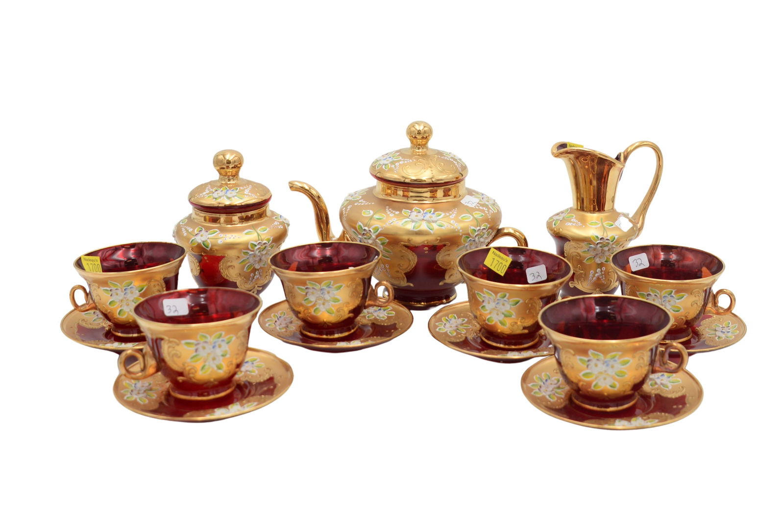 15 Piece Venetian Murano Ruby Red and Gilt Tea Set to Include (1 of 5)