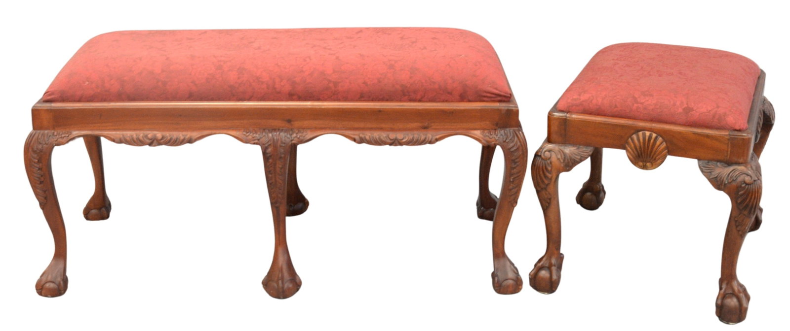Matching Upholstered Benches: Matching Upholstered Benches, each having carved a frame and ball and claw feet, height of both 19 inches, length of smaller 23 inches, length of larger 42 inches