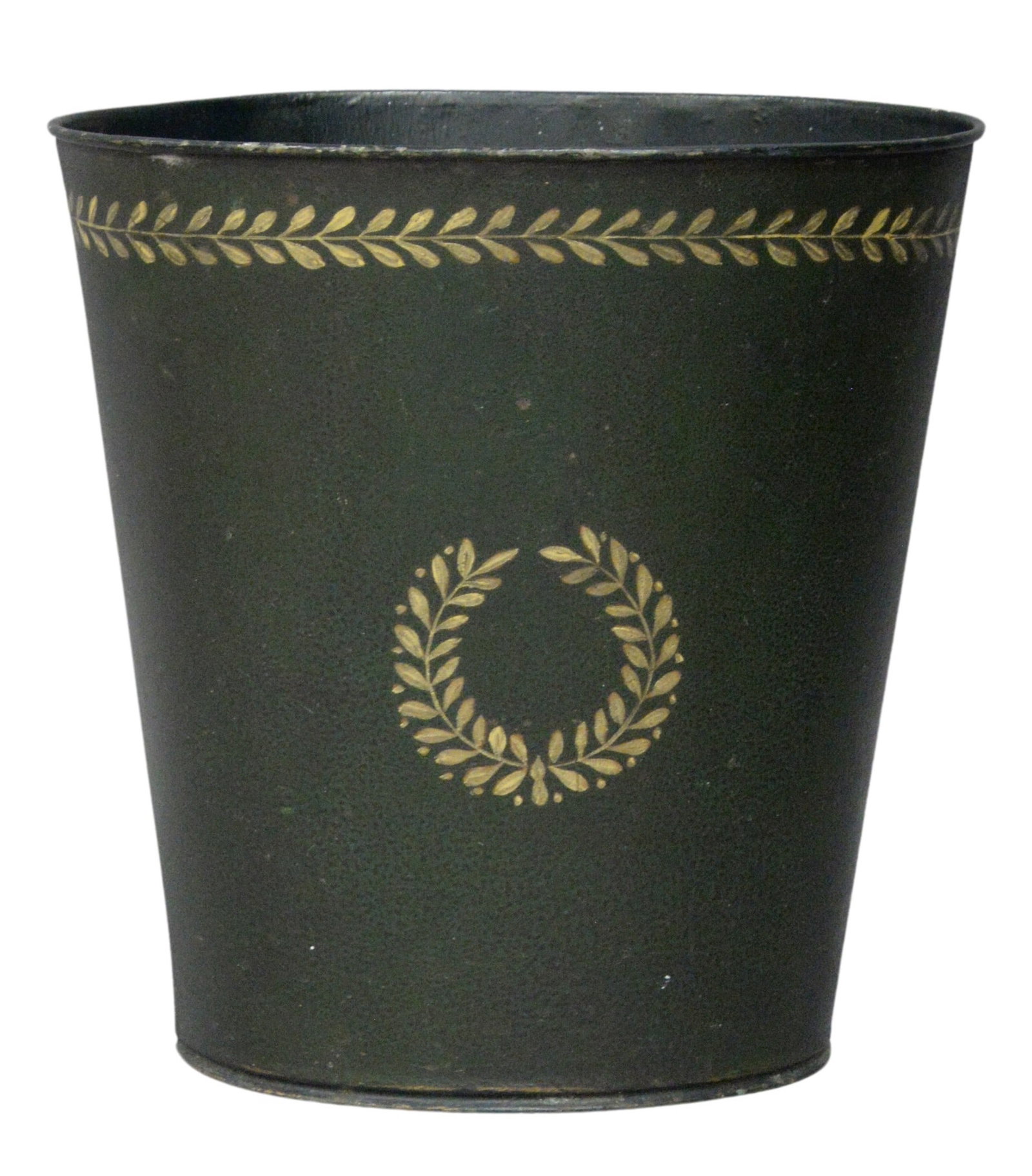 Green Tole and Gilt Laurel Decorated Waste Bin: Green Tole and Gilt Laurel Decorated Waste Bin, 20th century, Provenance: Sentimento Inc., New York, 11/6/01 $500, width 9 1/2 inches, height 10 inches