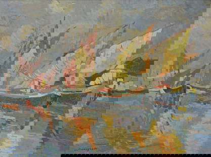 Eric Isenburger (American 1902-1994): Eric Isenburger (American 1902-1994) "Ships at the Harbor" Oil on canvas Signature lower left "Isenburger" 30" x 40"