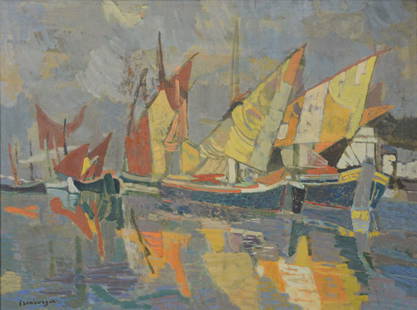 Eric Isenburger (American 1902-1994): Eric Isenburger (American 1902-1994) "Ships at the Harbor" Oil on canvas Signature lower left "Isenburger" 30" x 40"