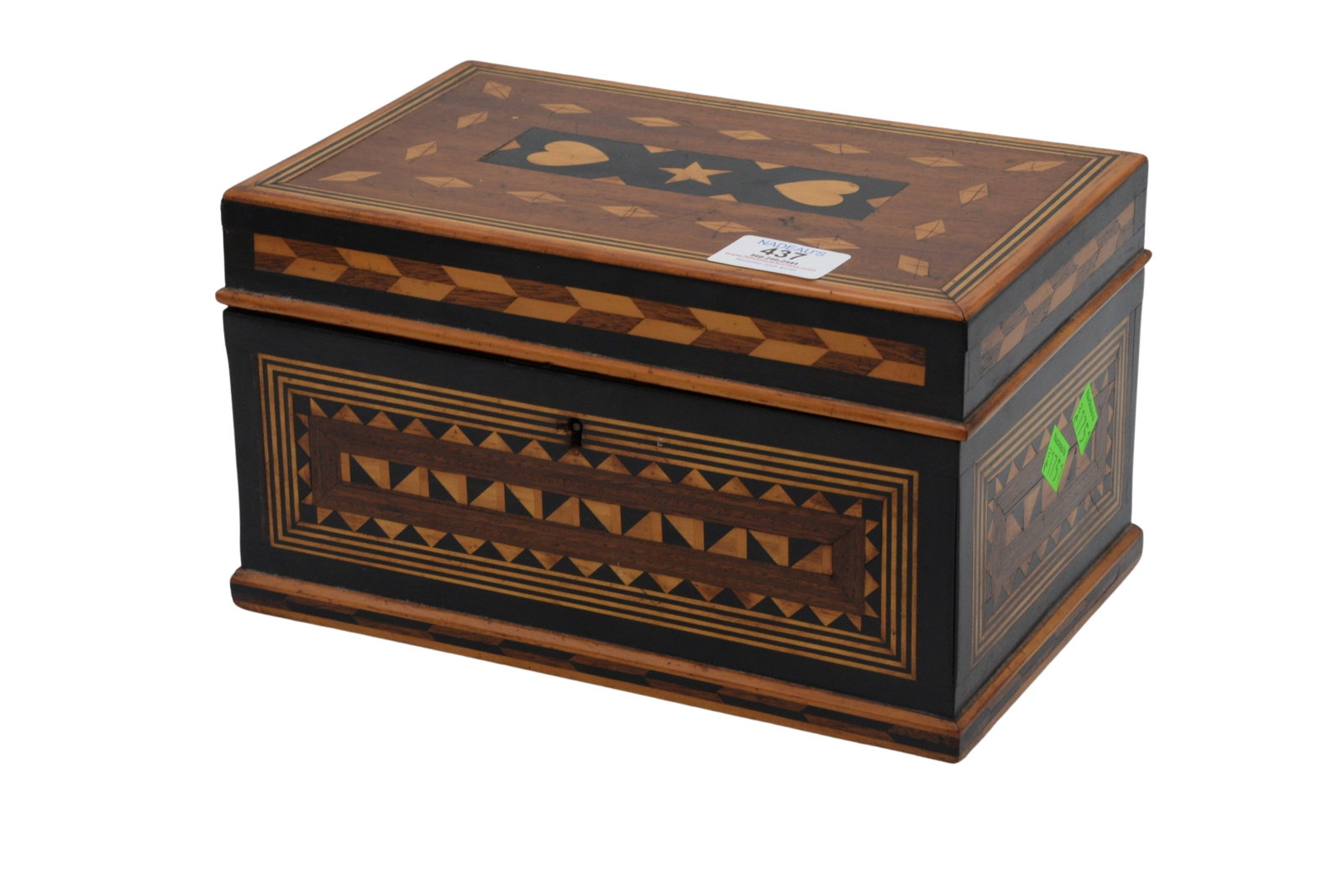Inlaid Lift Top Jewel Box: InlaiInlaid Lift Top Jewel Box Top with ebonized wood, hearts, and diamonds Interior with tray and mirrors, four sides with ebonized wood and geometric designs Height 6", top 6 1/4" x 10 1/4"