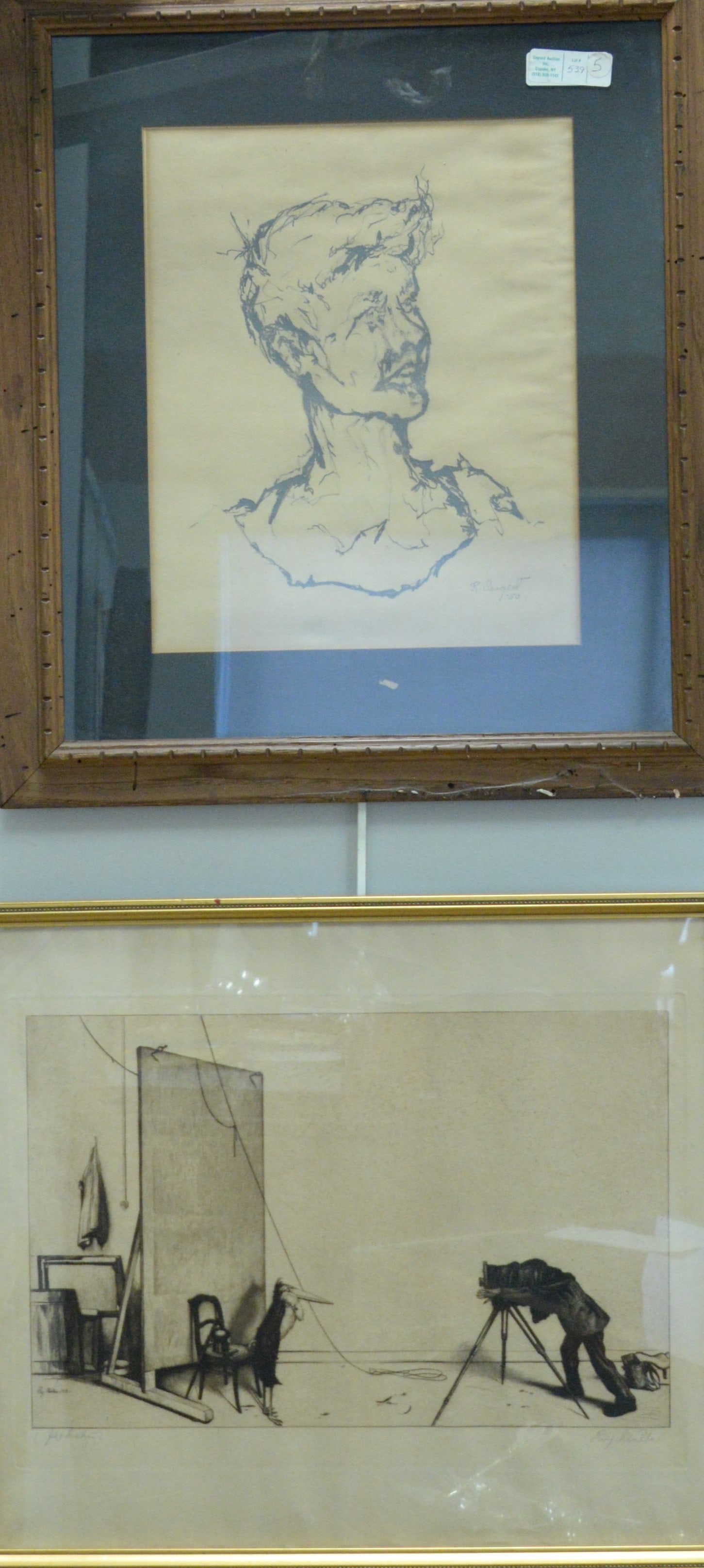 Five Piece Group of Drawings and Etching: Five Piece Group of Drawings and Etching to Include: Portrait of a boy Signature lower right "R. Sargent '53" Jim Forsberg (American 1919-1991) "Composition Ten" 8/10 Etching of a man photographing a 