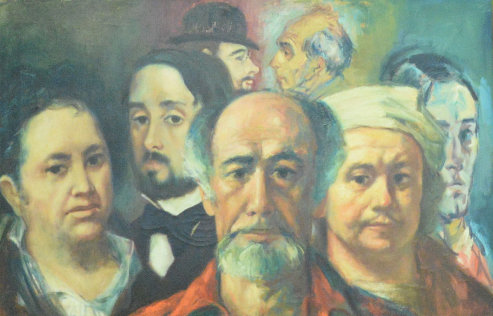 Jan De Ruth (Czech./American 1922-1991): Jan De Ruth (Czech./American 1922-1991)Group portraits of historical figures, including Rembrandt Oil on canvas Signature lower right "Jan De Ruth"20" x 30"Having Harbor Gallery label on verso, sold f