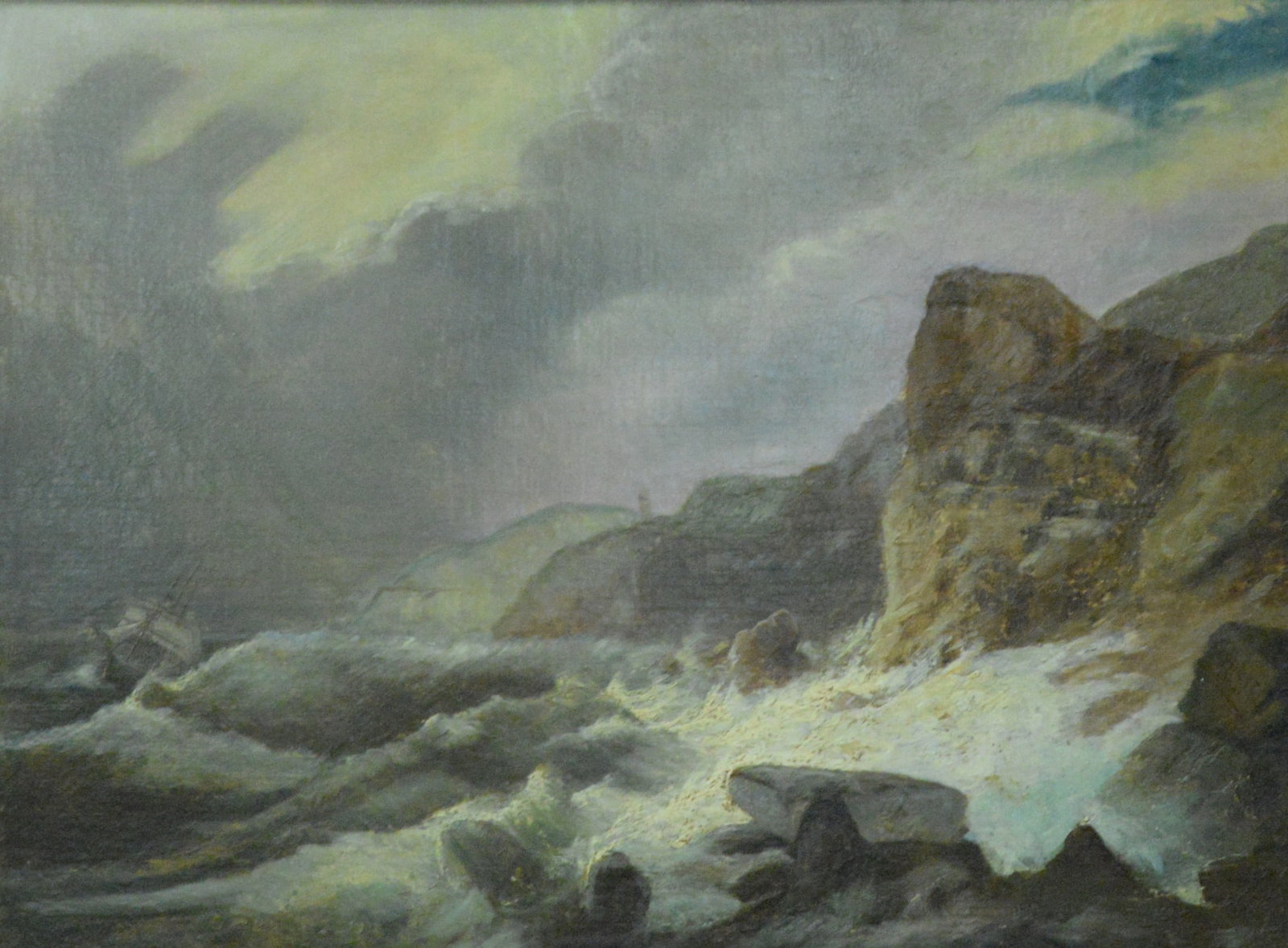 Frederick Jewett (American 1819-1864): Frederick Jewett (American 1819-1864) "Storm off the coast" 1861 Oil on board Signature lower right "F.S. Jewett 1861" 23" x 31" Having P. Marrimuces auction tag on verso and original frame label from