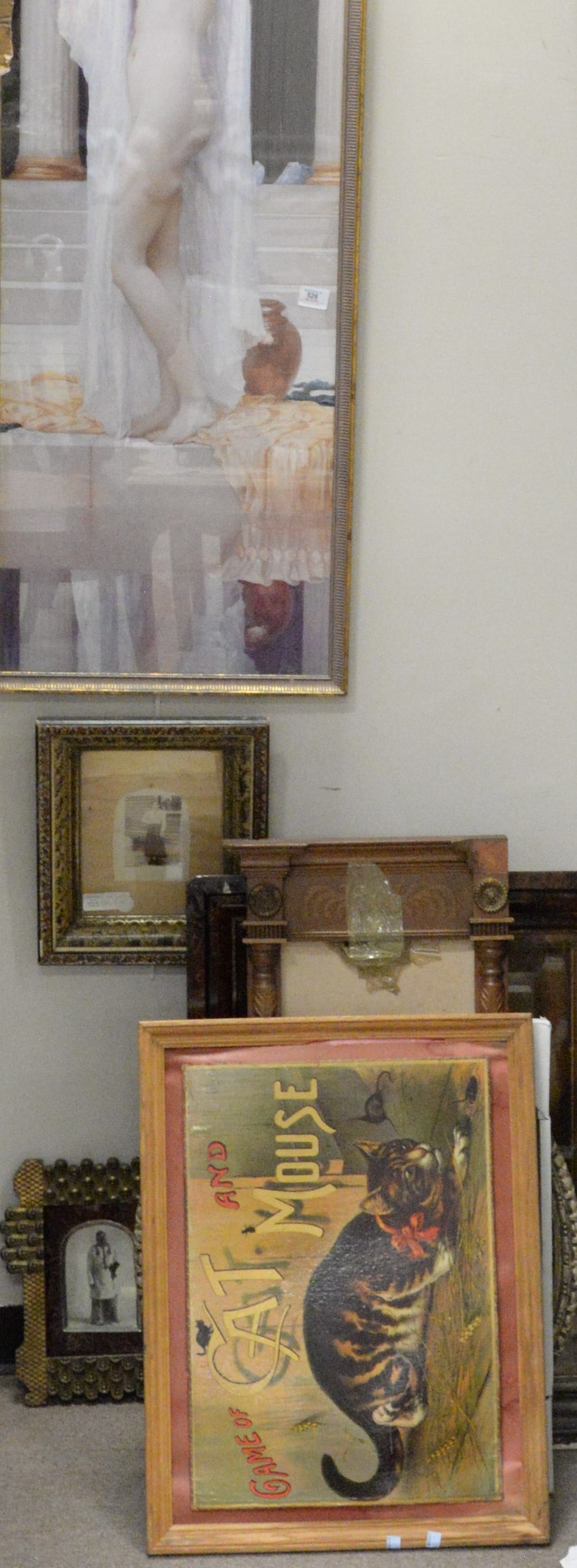Large Grouping of Decorative Art: Large Grouping of Decorative Art to Include, Vintage cat and mouse poster Two antique photographs, Large female nude portrait Shadow box with vintage print of two girls Largest 58 1/2"x19 1/2"