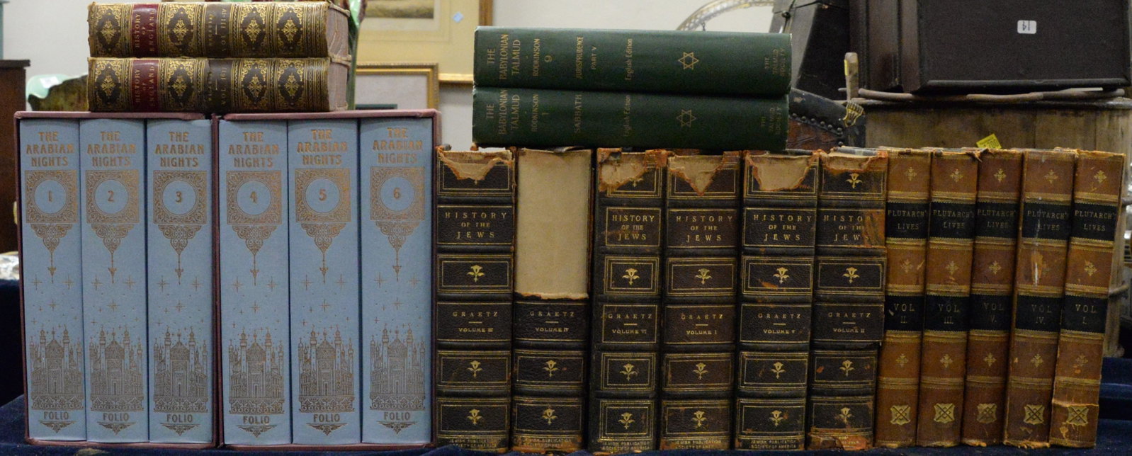 19 Volumes of Books: 19 Volumes of Books, to include, five Plutarch's Lives, six History of Jews, two Babylonian Talmud, and six Arabian Nights, and two History of England