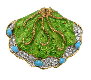 Tiffany & Company 18K Yellow Gold Brooch: Tiffany & Company 18K Yellow Gold Brooch in form of shell with green enameling, 5 cabochon cut turquoise and diamond melee border height 1 5/8 inches, width 2 1/8 inches, 32.6 grams Provenance: "The