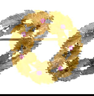 Tiffany and Company 18K Yellow Gold Wreath Brooch Set: Tiffany and Company 18K Yellow Gold Wreath Brooch Set having red stones diameter 1 1/2 inches, weight 10.8 grams