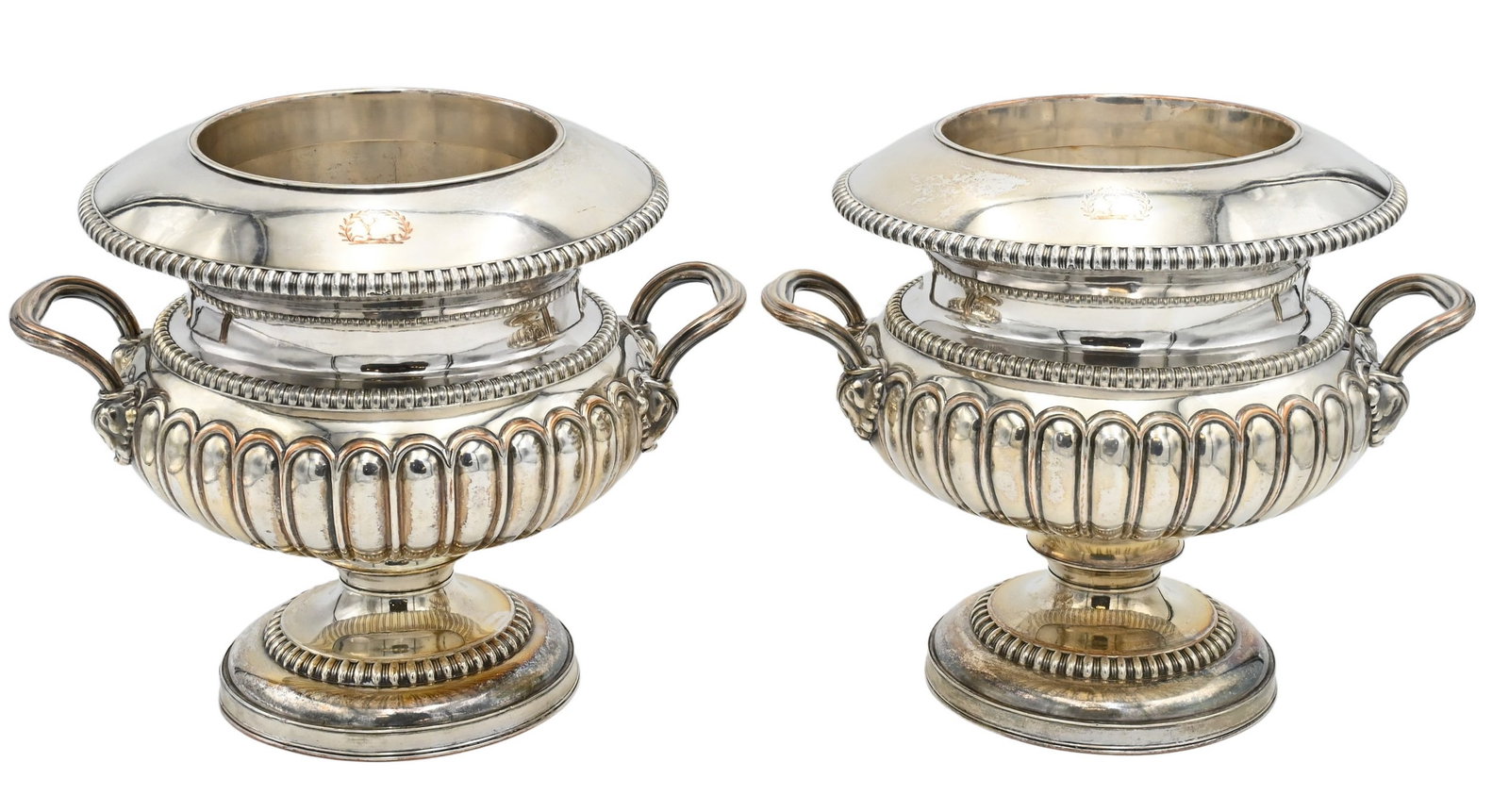 Pair of Sheffield Silver Plated Wine Coolers: Pair of Sheffield Silver Plated Wine Coolers with modified melon form and two handles on round footed base, late 19th century height 10 inches, diameter 9 inches Condition: both present well, both wit