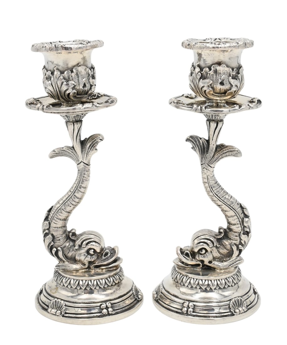 Pair of Italian .800 Standard Silver Dolphin Form Small Candlesticks (1 of 7)