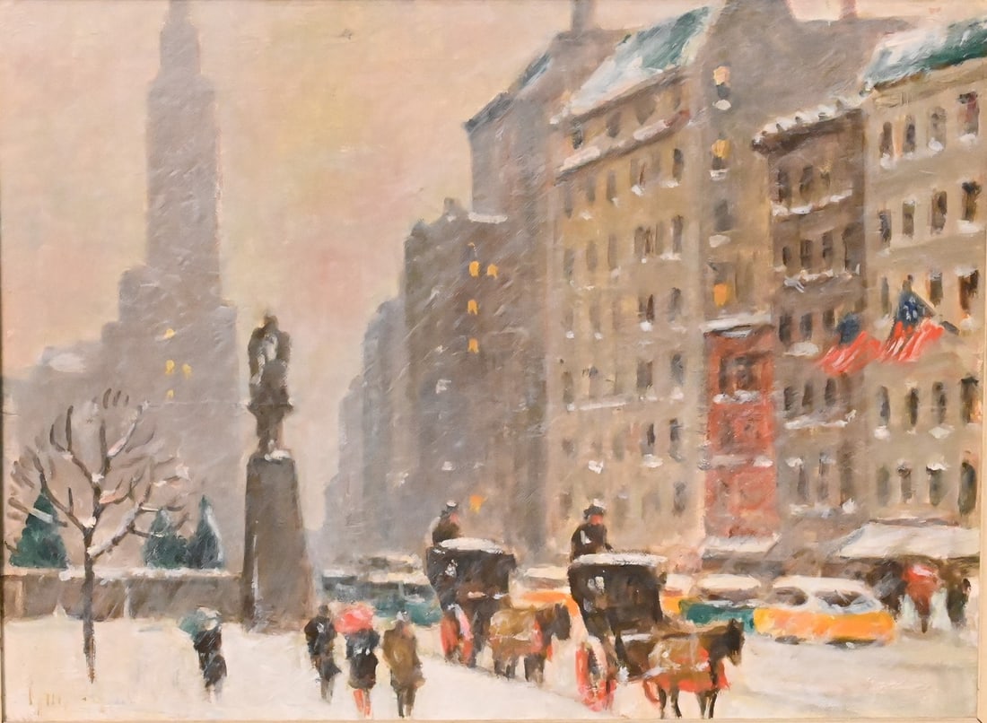 Guy Carleton Wiggins (American 1883 - 1962): Guy Carleton Wiggins (American 1883 - 1962) "Along 59th Street in Winter" (Landscape with Two American Flags) 1961 Oil on artist board Signed lower left Guy Wiggins, signed, titled and dated verso 12"