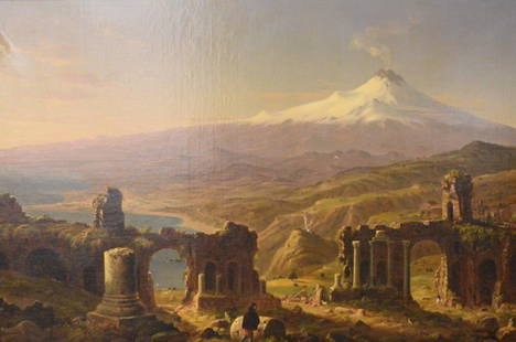 William Wheeler (American 1832 - 1893) after Thomas Cole (English 1801 - 1848): William Wheeler (American 1832 - 1893) after Thomas Cole (English 1801 - 1848) "Mount Etna from Taormina" Oil on canvas Signed lower left "Copy by W.R. Wheeler from T. Cole" 46" x 64" Condition: some