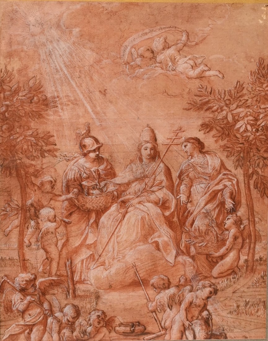 Ciro Ferri (Italian 1634 - 1689): Ciro Ferri (Italian 1634 - 1689) "An Allegory of the Catholic Church" Brown ink with pink wash, and red and white chalk highlights on paper 11 1/4" x 8 1/2" Provenance: Lord Brownlow, Sotheby Parke Be